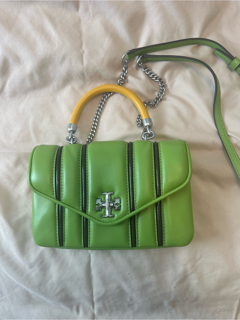 Tory Burch Lime Green Quilted Mini Top-Handle Crossbody with Yellow Accent